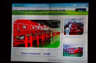 銀通能源グループは最新鋭の自社リチウムイオン電池技術と設備能力を披露。リチウムイオン電池として世界最大規模の工場を広東省珠海市で2010年から稼働させた。